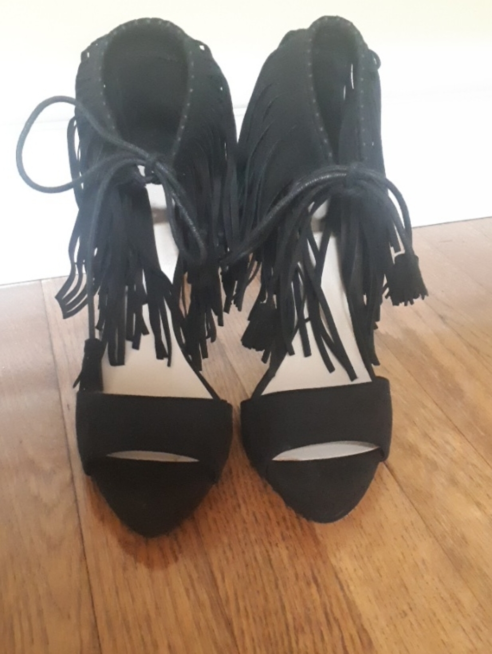 Zara Black Fringe Open-Toe Ankle-Tie Heels